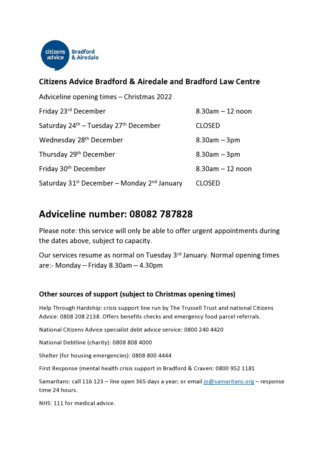 Citizens Advice Christmas Opening Times 2022 The Gateway Centre
